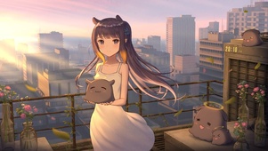 唯美治愈日出城市动漫少女