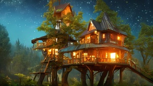 夜晚森林树屋