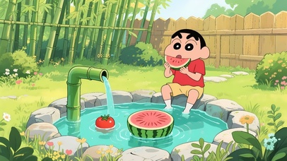 夏日水池吃瓜小新