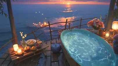 日落海景浴缸