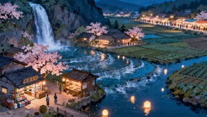 夜晚樱花瀑布小镇