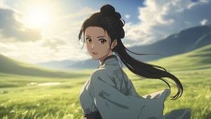 二次元动漫美女奔跑在草原上02