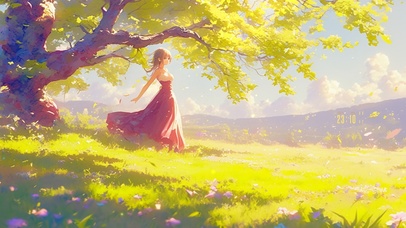 4K 树下红裙女孩