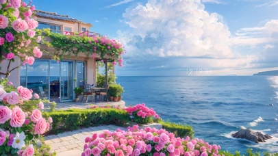 4k海边玫瑰花别墅