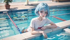泳池蓝发少女