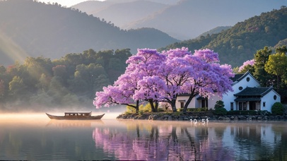 门前的樱花湖景