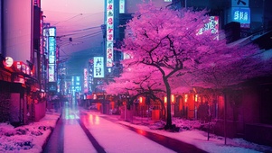 4K唯美赛博朋克樱花街道雪景