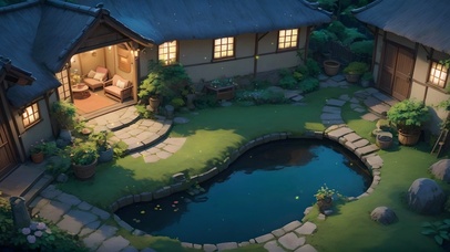 夜晚有水塘的小屋