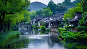 4k绿色河流古镇
