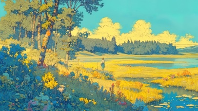 油画风森林湿地草坡上的少女