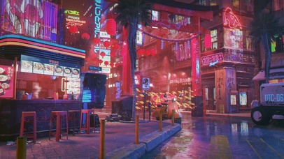 赛博朋克雨天城市街道