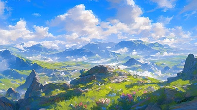 蓝天白云山巅草坡