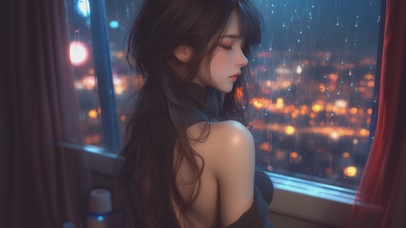 雨天窗户边毛衣女孩