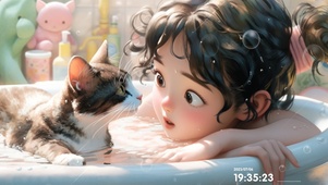 高清宠物猫与小女孩