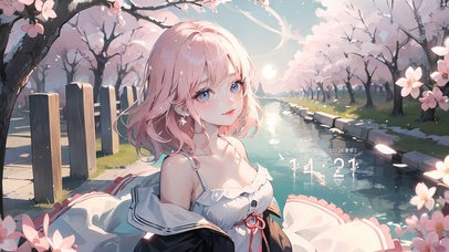湖畔樱花可爱少女