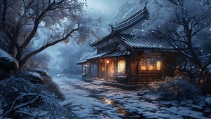 雪中古风小屋