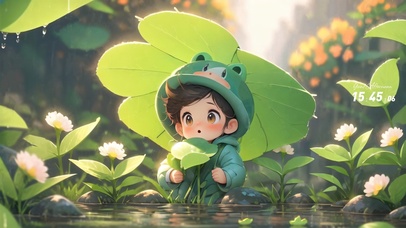 雨中顶着荷叶的男孩