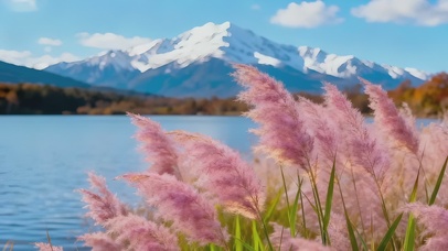 唯美雪山湖泊芦苇丛