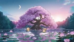 浪漫樱花荷塘线条小狗