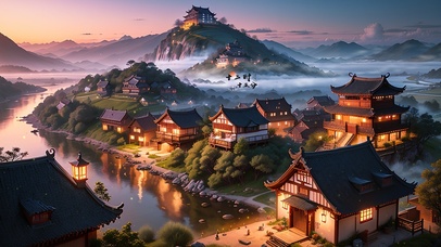 4K唯美治愈仙境古风小镇夜景