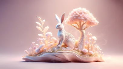 裸眼3D花草树木兔子渲染01