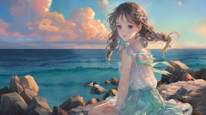 傍晚海边美丽少女