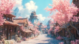 春日樱花蓝天小镇风景
