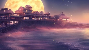 夜晚海边渔村