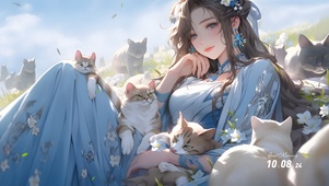 少女和猫咪 春