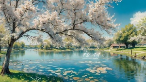 唯美湖边樱花树