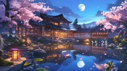 夜晚樱花阁楼湖畔