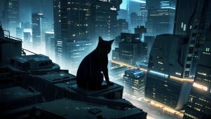 雨夜中俯瞰城市的小黑猫
