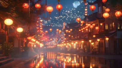 夜雨中张灯结彩的古镇