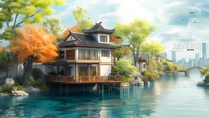 湖边闲庭木屋