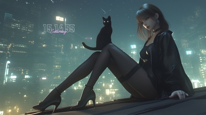 充满了青春的活力美女与黑猫