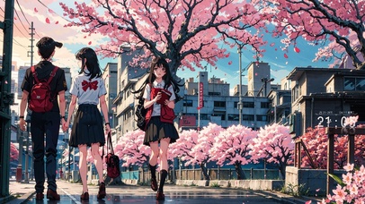 4K唯美日系樱花街道少女