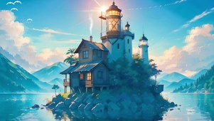 夏日小岛上的灯塔小屋