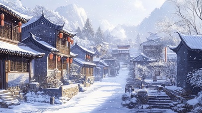 大雪纷飞的古镇