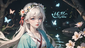 湖畔汉服蓝蝶少女