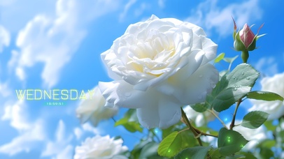 蓝天下盛开白玫瑰