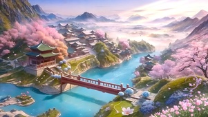 国风山水桃花古镇