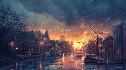 雨中的落日城市