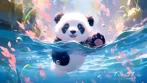 在山间小河游泳的熊猫