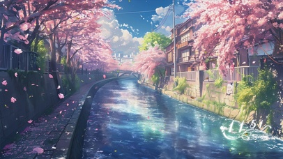 樱花溪流景色