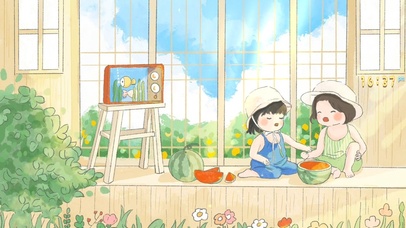 治愈清新庭院吃瓜小可爱