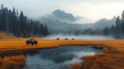 清晨的雾气与野牛