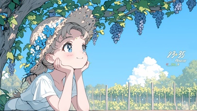 葡萄架下的可爱少女