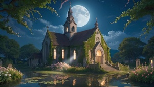 夜晚池塘边的教堂