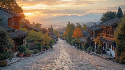 落日古镇石板路