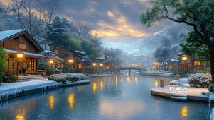 护眼冬日湖畔城镇